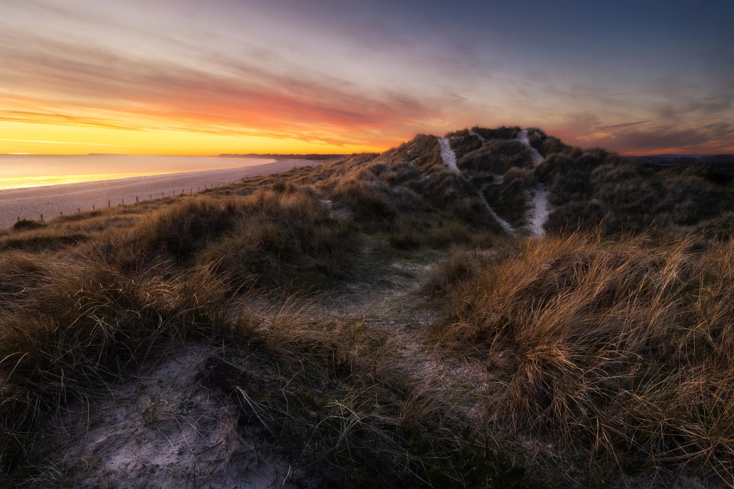 Coastal sand dunes at Littlehampton at sunset, with winding footpaths through grasses leading toward a glowing horizon over the sea.