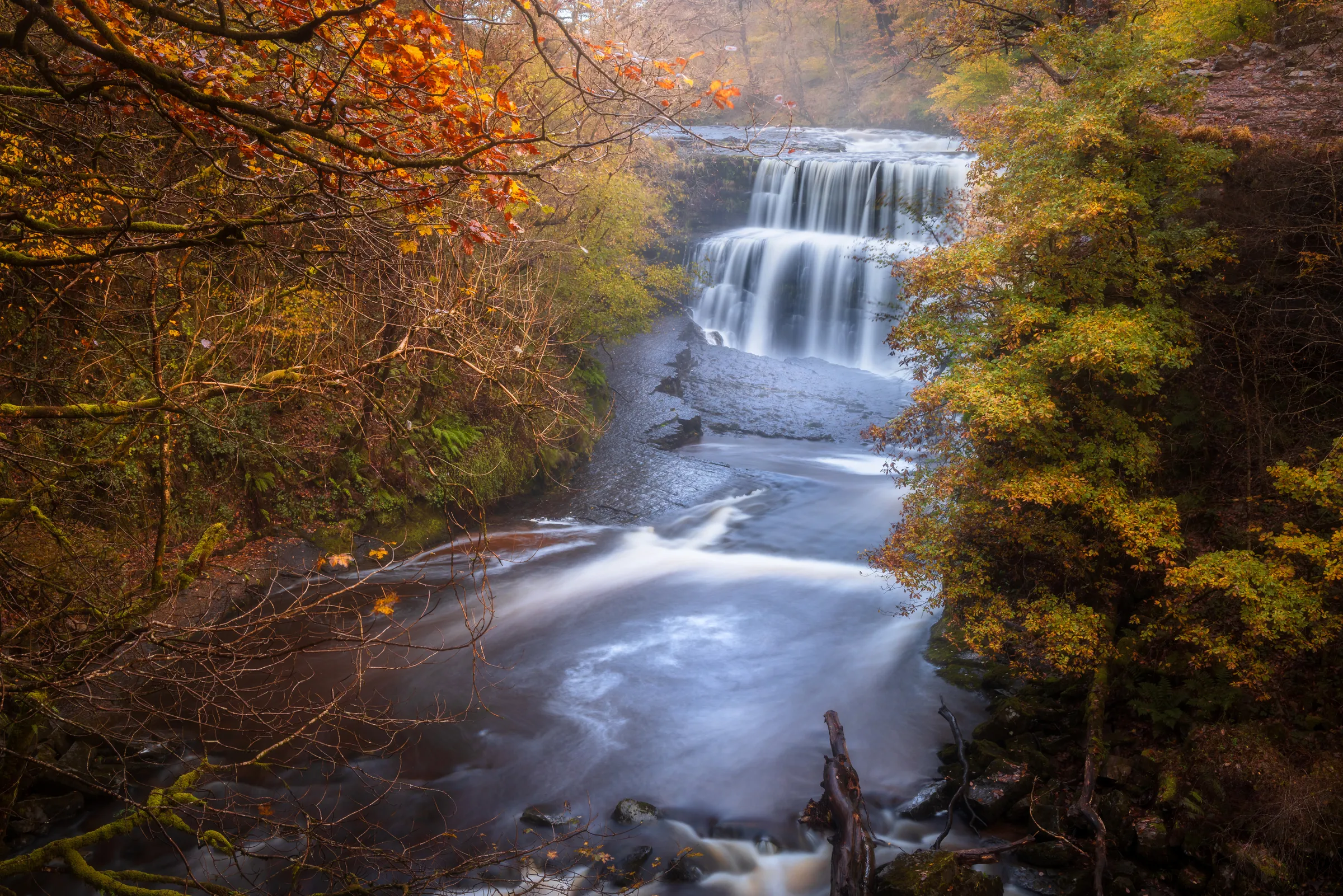 Clun Gwyn waterfall in the Brecon Beacons surrounded by autumn woodland, with flowing water cascading over rock and soft mist in the valley.