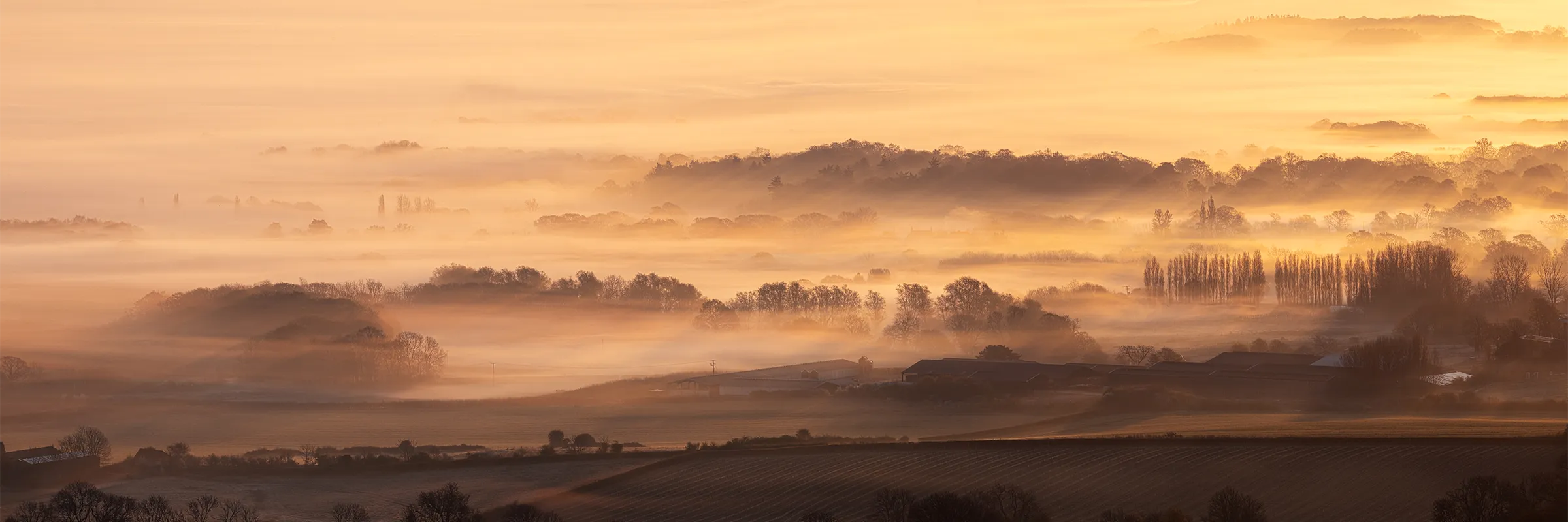 Golden morning mist rolling across layered countryside at Ditchling Beacon in East Sussex