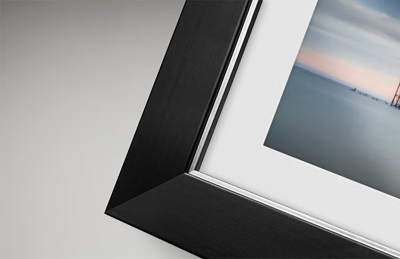 Example of a framed fine art print with black silver frame and antique white mount